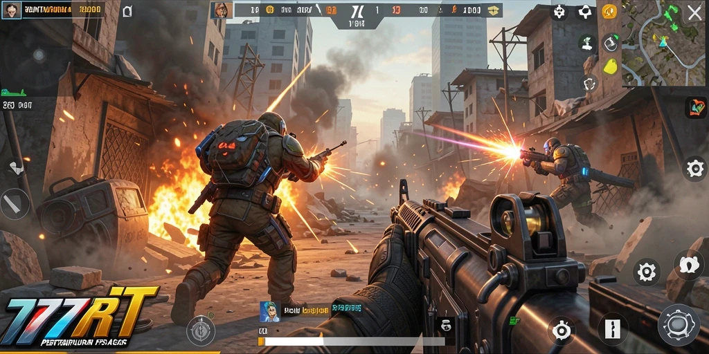 Tampilan gameplay menegangkan dalam 777RT menunjukkan aksi FPS yang intens.