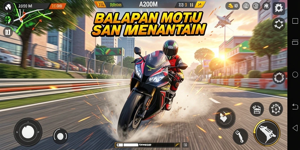 Tampilan gameplay A200M yang mendebarkan dalam balapan motor.