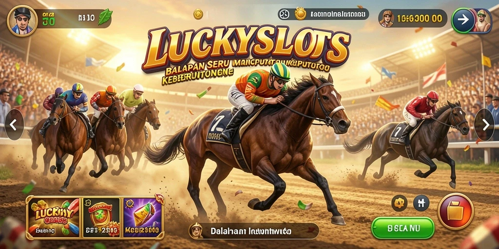 Screenshot LUCKYSLOTS menampilkan aksi balapan yang mendebarkan.