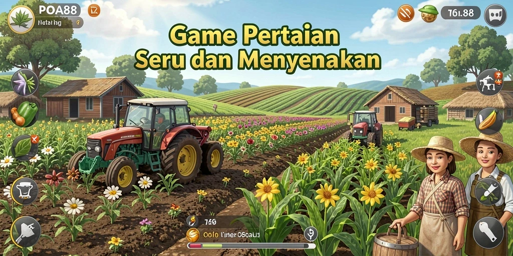 Screenshot utama POA88 menampilkan kebun yang subur dan hewan ternak.
