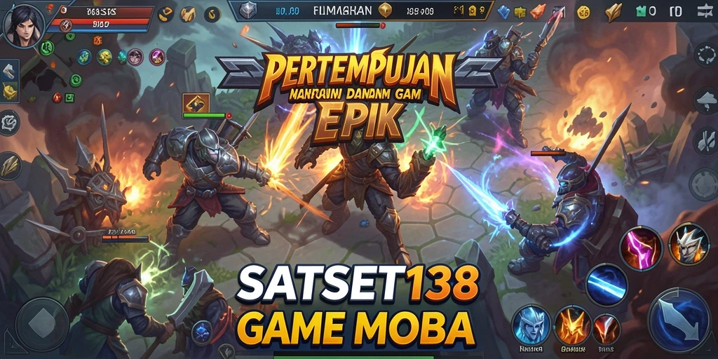 Screenshot SATSET138 menampilkan aksi intens dalam pertempuran MOBA.